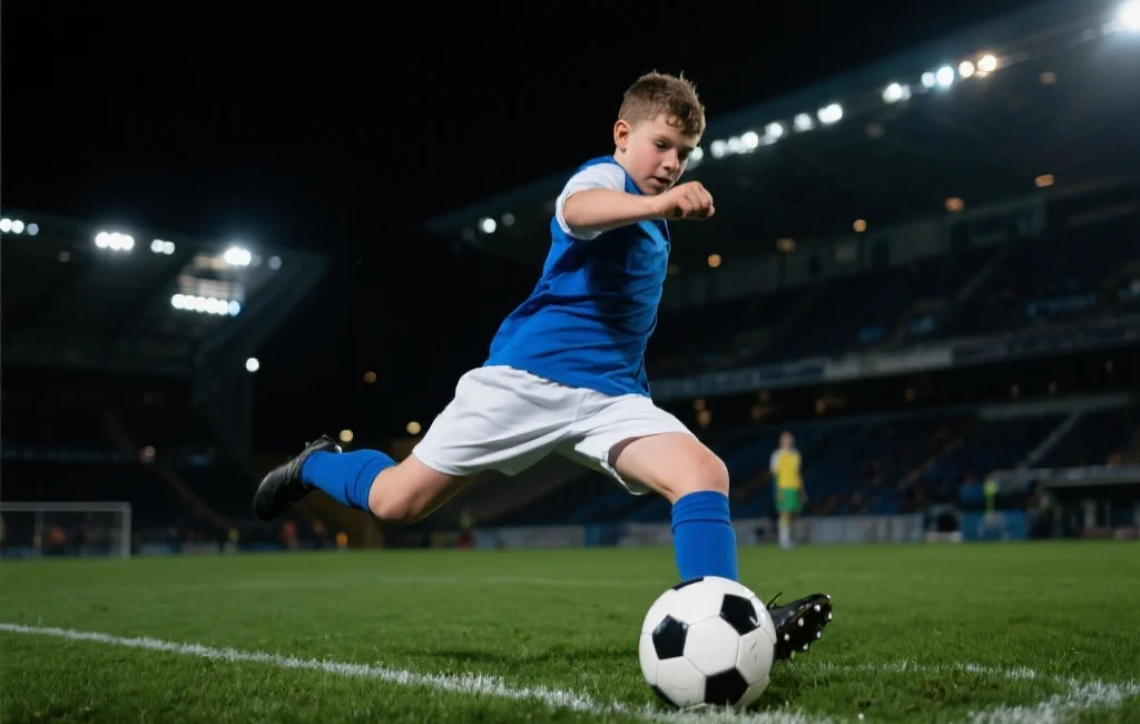 一名年轻足球后卫球员在比赛中果断铲球，表情专注，场景为夜间体育场