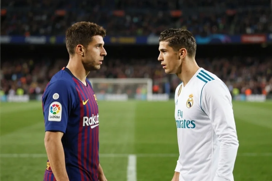 两名足球运动员分别身穿皇家马德里和巴塞罗那球衣，在球场中央紧张对峙，背景为模糊的观众席