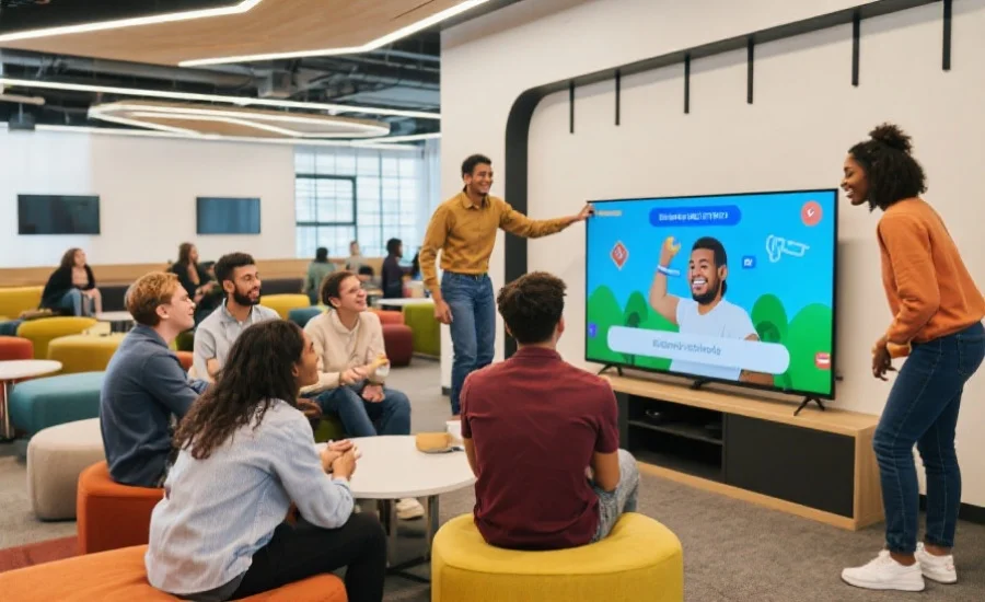 多元化的用户在现代休闲空间中愉快互动，专注于屏幕，展现平台带来的公正与乐趣